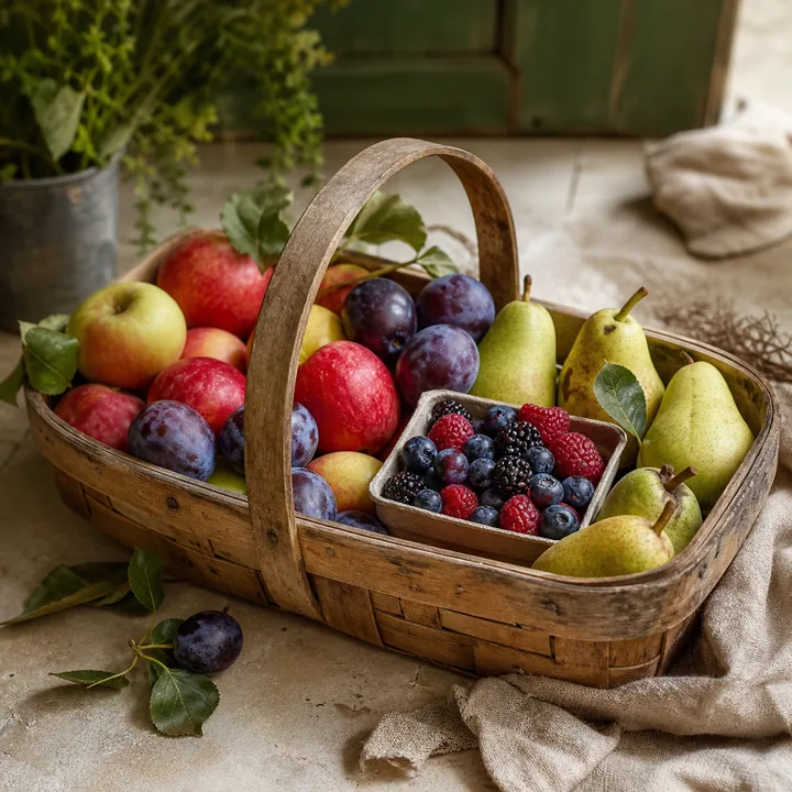 Erntekorb mit Äpfeln, Birnen, Pflaumen und Beeren