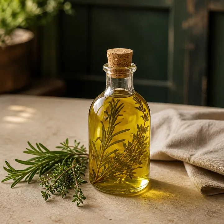 Flasche mit goldenem Kräuteröl und Rosmarin