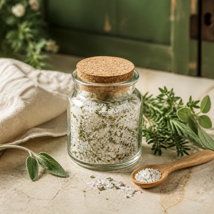 Glas mit grobem Kräutersalz und frischen Gartenkräutern