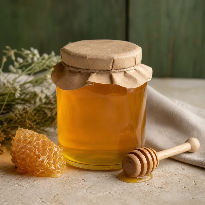 Glas mit goldenem Hofhonig und Honiglöffel